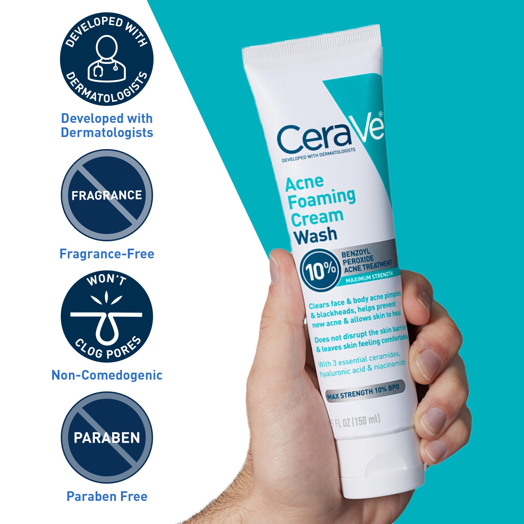 CeraVe Acne Foaming Cream Wash, Gentle Face and Body Cleanser with Benzoyl Peroxide 10%, Hyaluronic Acid, and Niacinamide, 10% Benzoyl Peroxide Treatment Clears Pimples and Blackheads 5 Oz - Image 6