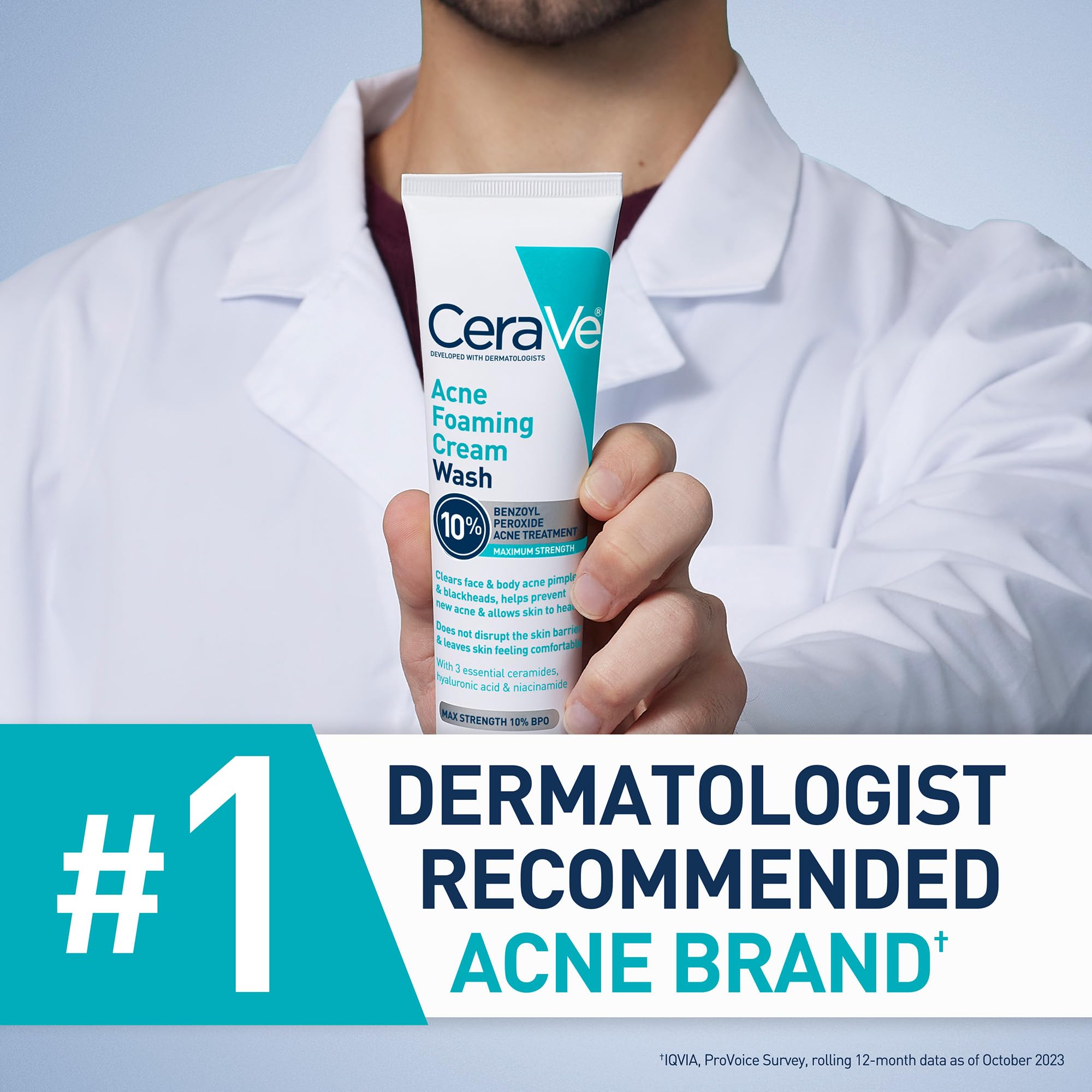 CeraVe Acne Foaming Cream Wash, Gentle Face and Body Cleanser with Benzoyl Peroxide 10%, Hyaluronic Acid, and Niacinamide, 10% Benzoyl Peroxide Treatment Clears Pimples and Blackheads 5 Oz - Image 8