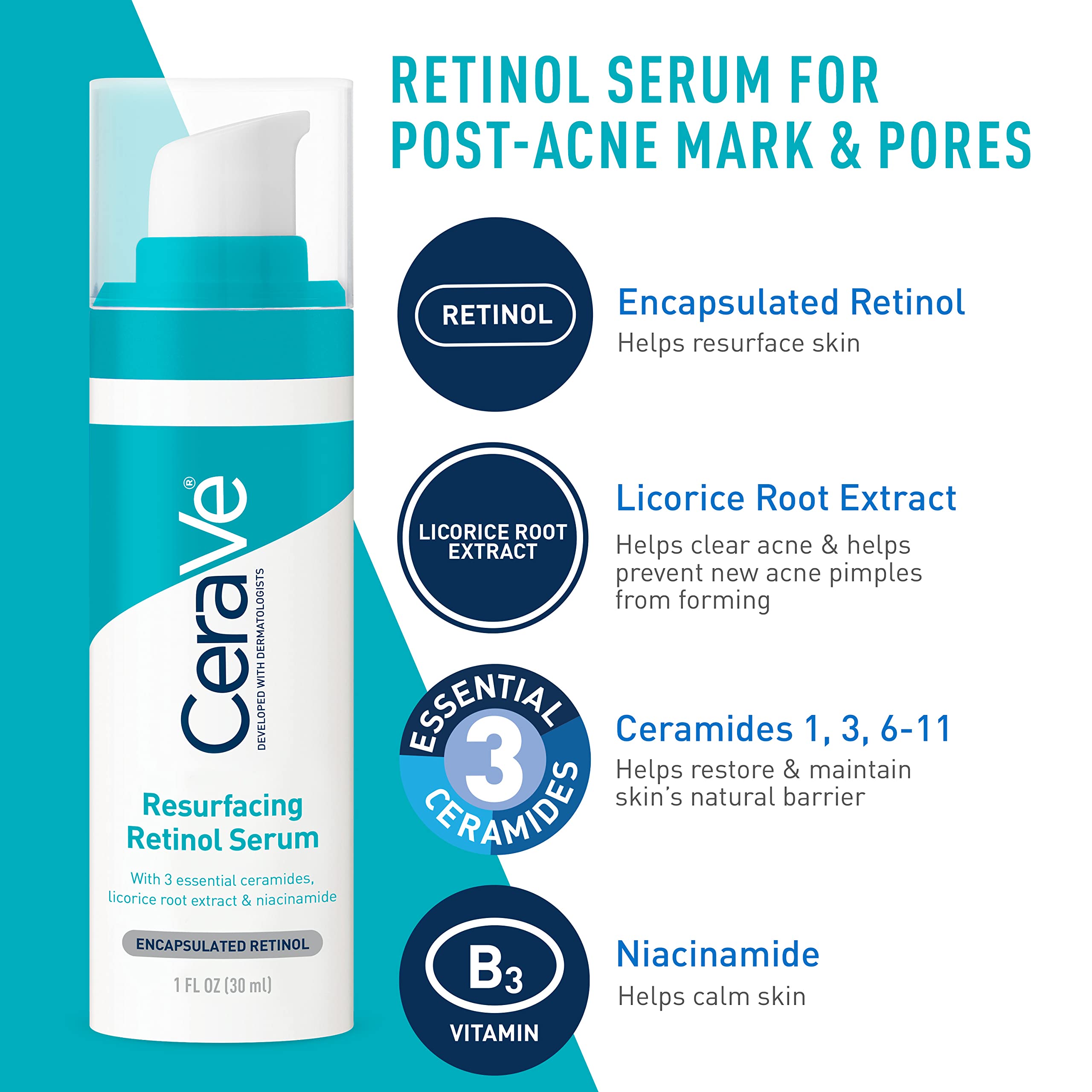 CeraVe Acne Skin Care Set, 5oz Acne Foaming Cream Cleanser + 1oz Resurfacing Retinol Serum + 2oz AM Facial Moisturizing Lotion with SPF 30 + 2oz PM Facial Moisturizing Lotion - Image 4