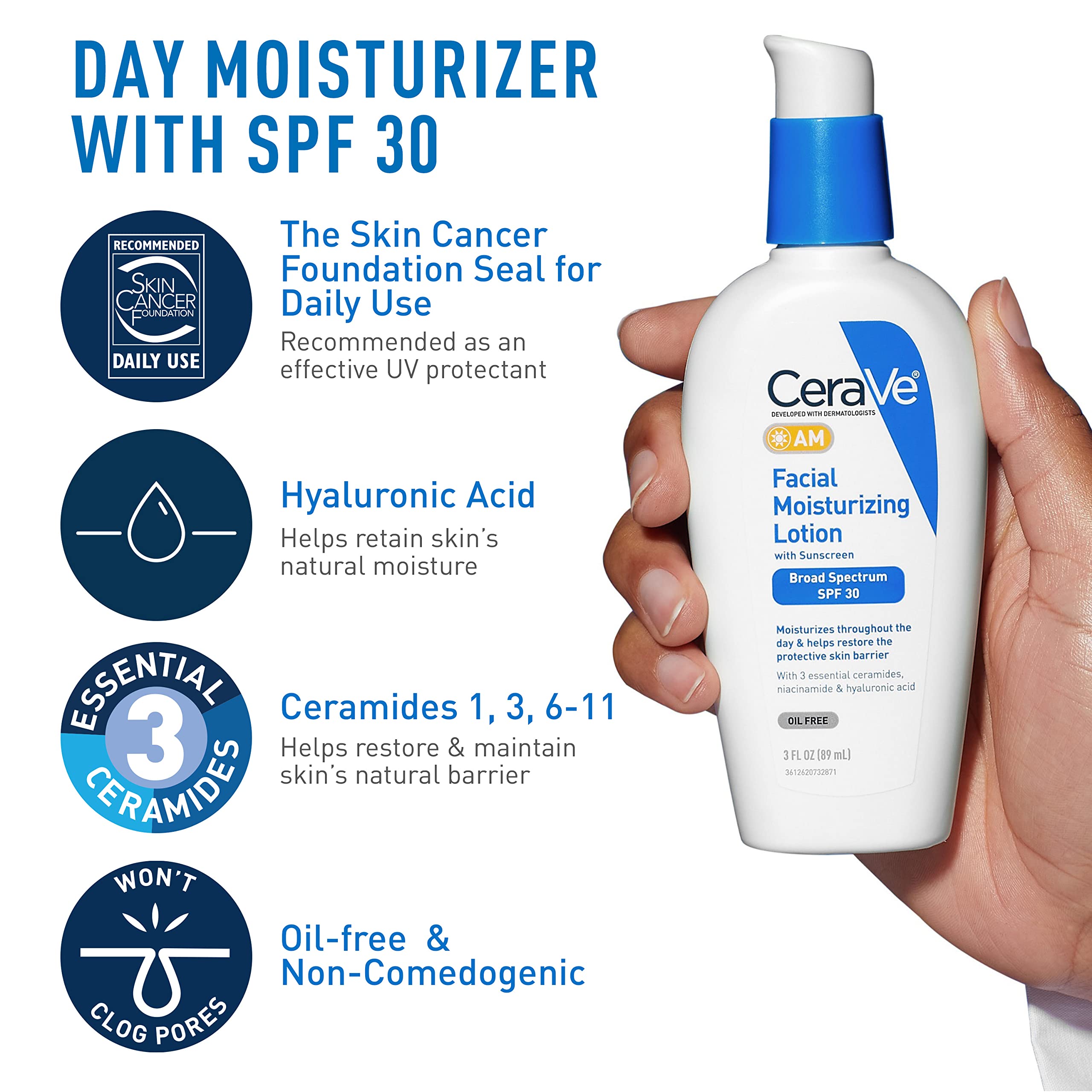 CeraVe AM Face Moisturizer with SPF, PM Face Moisturizer & Hydrating Face Wash Skin Care Routine for Morning & Night | Travel Size Toiletries | 3oz Lotion + 3oz Lotion + 3oz Cleanser - Image 4