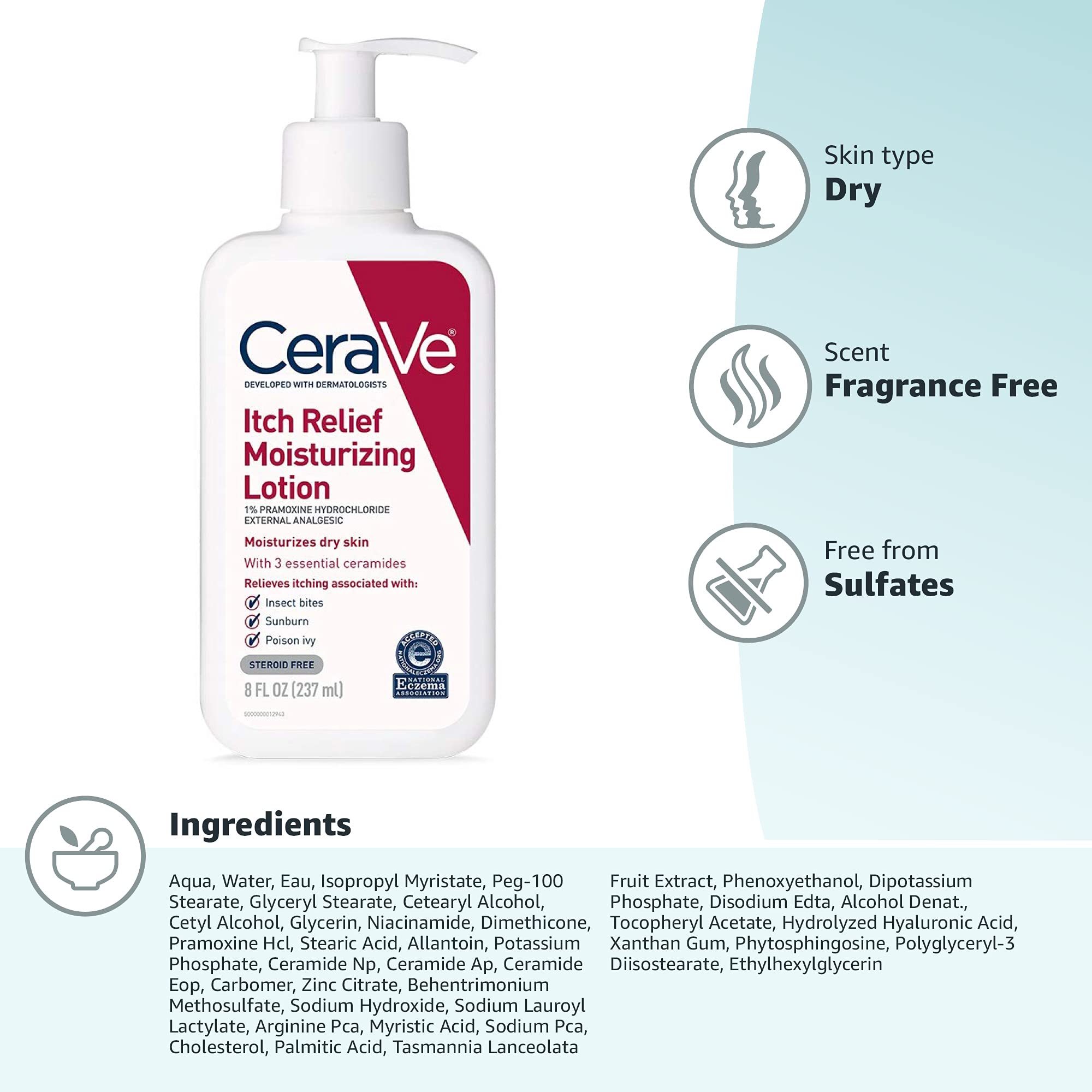 CeraVe Anti Itch Moisturizing Lotion with Pramoxine Hydrochloride, Relieves Itch with Minor Skin Irritations, Sunburn Relief, Bug Bites, 8 Ounce - Image 8