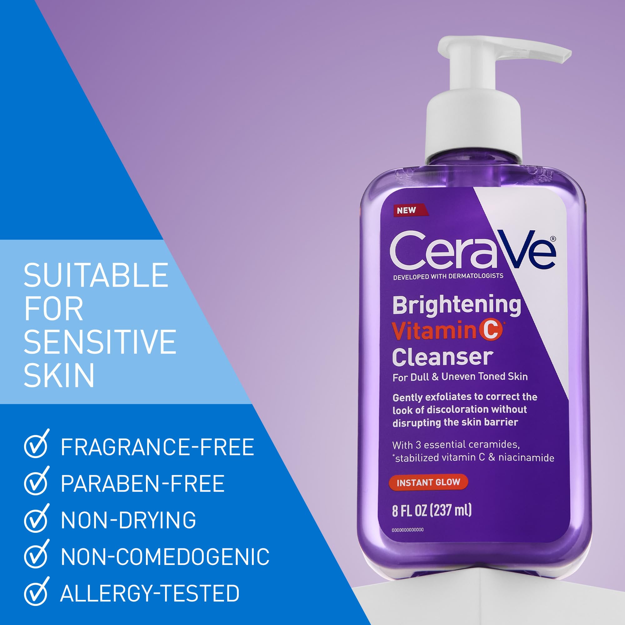 CeraVe Brightening Vitamin C Facial Cleanser for Dull & Uneven Skin Tone with Stabilized Vitamin C, Niacinamide & Ceramides, Hydrating & Exfoliating, Fragrance-Free, Safe for Sensitive Skin, 8oz - Image 6