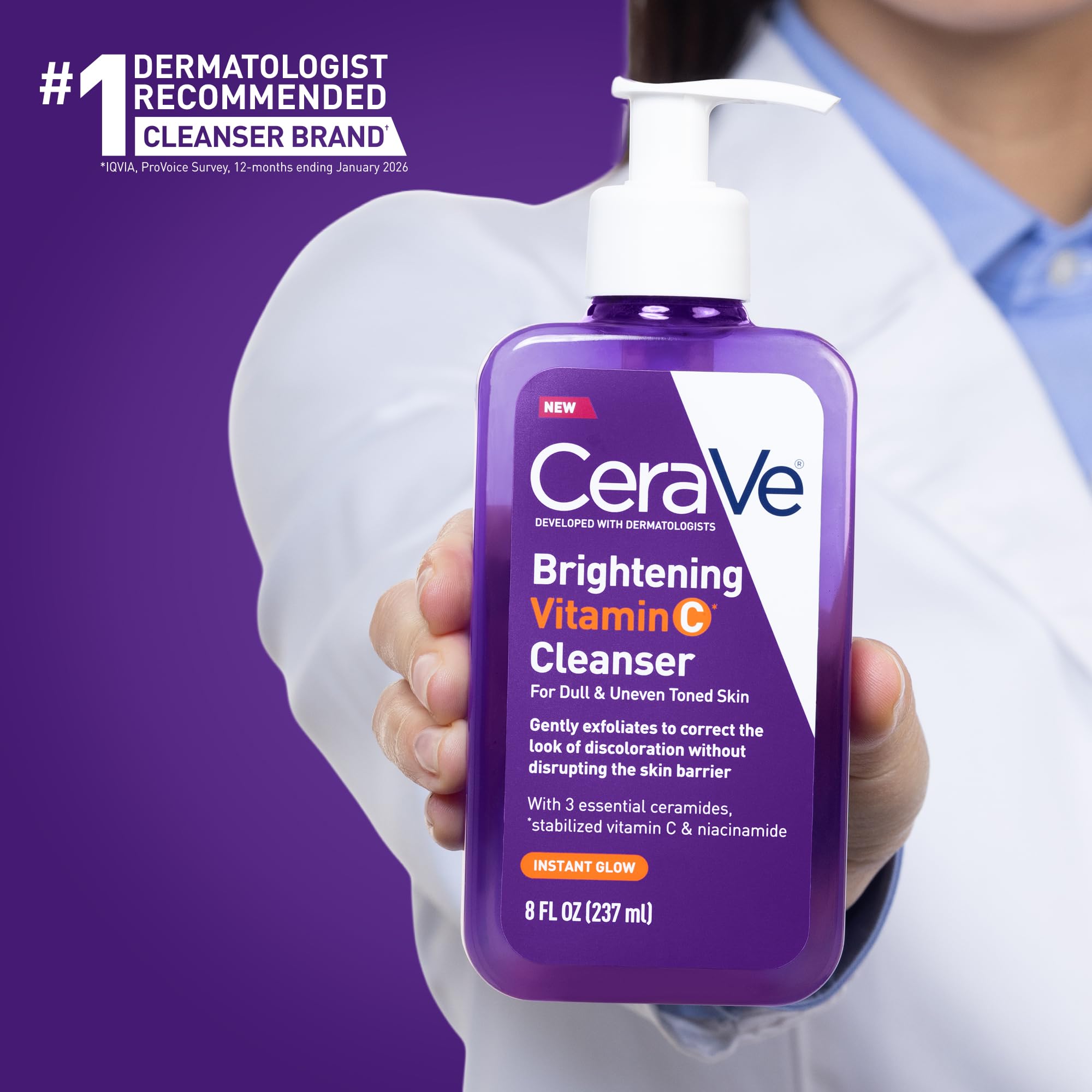 CeraVe Brightening Vitamin C Facial Cleanser for Dull & Uneven Skin Tone with Stabilized Vitamin C, Niacinamide & Ceramides, Hydrating & Exfoliating, Fragrance-Free, Safe for Sensitive Skin, 8oz - Image 7