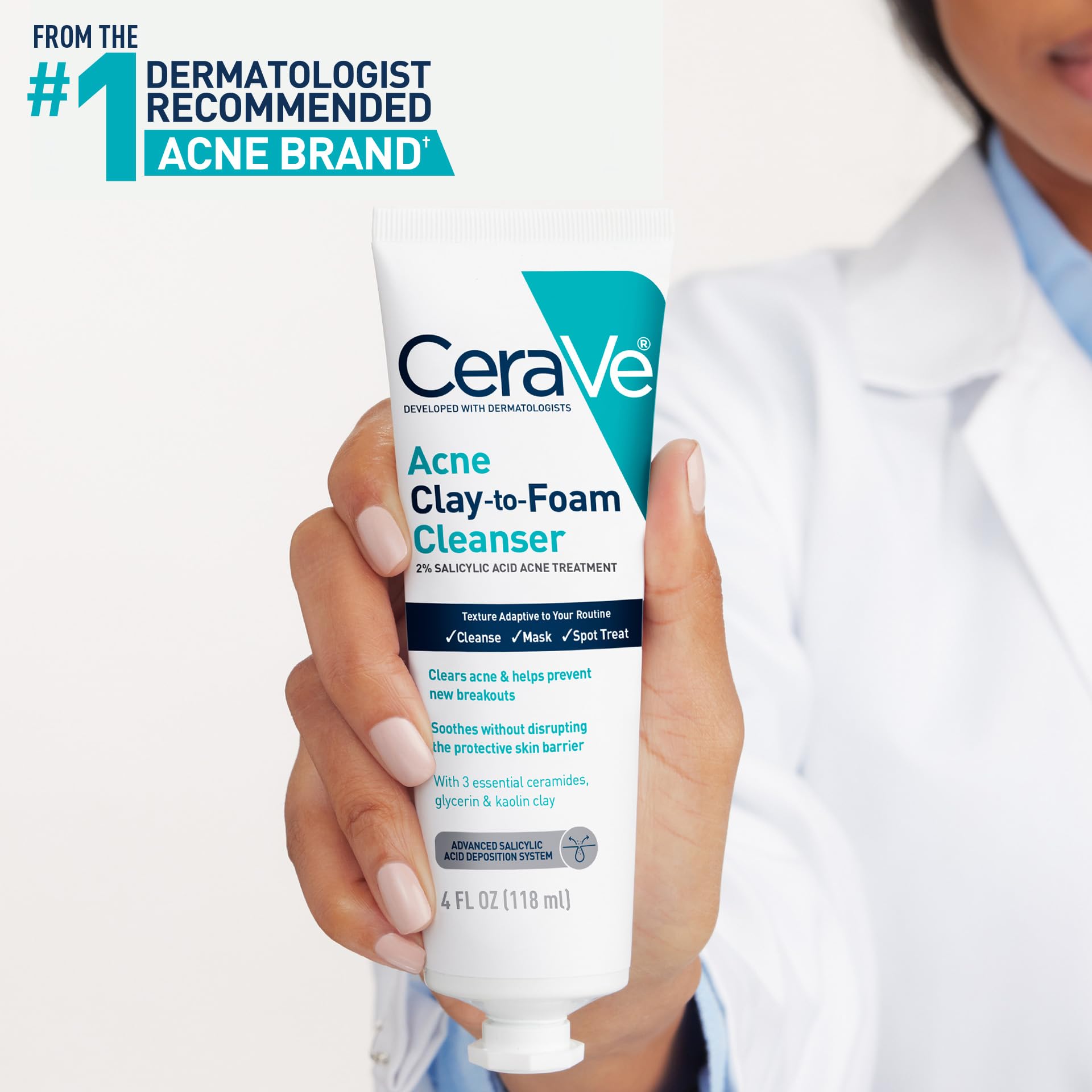 CeraVe Clay To Foam Acne Face Wash, Multi-Use Salicylic Acid & Kaolin Clay Acne Spot Treatment Clears Pimples & Blackheads, Prevents Breakouts, Hydrates & Soothes, Fragrance-Free, Non-Comedogenic, 4oz - Image 4