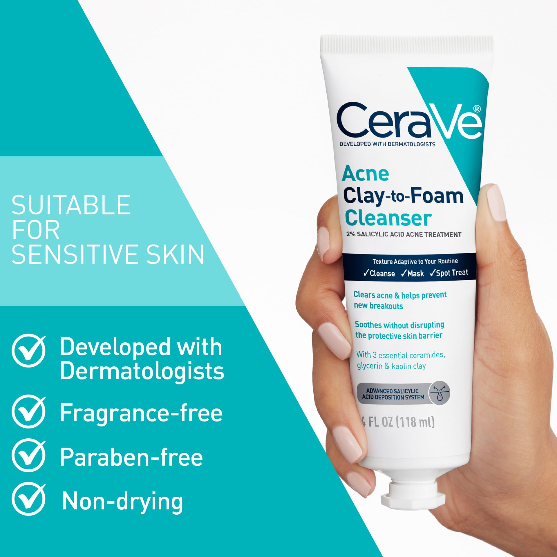 CeraVe Clay To Foam Acne Face Wash, Multi-Use Salicylic Acid & Kaolin Clay Acne Spot Treatment Clears Pimples & Blackheads, Prevents Breakouts, Hydrates & Soothes, Fragrance-Free, Non-Comedogenic, 4oz - Image 5