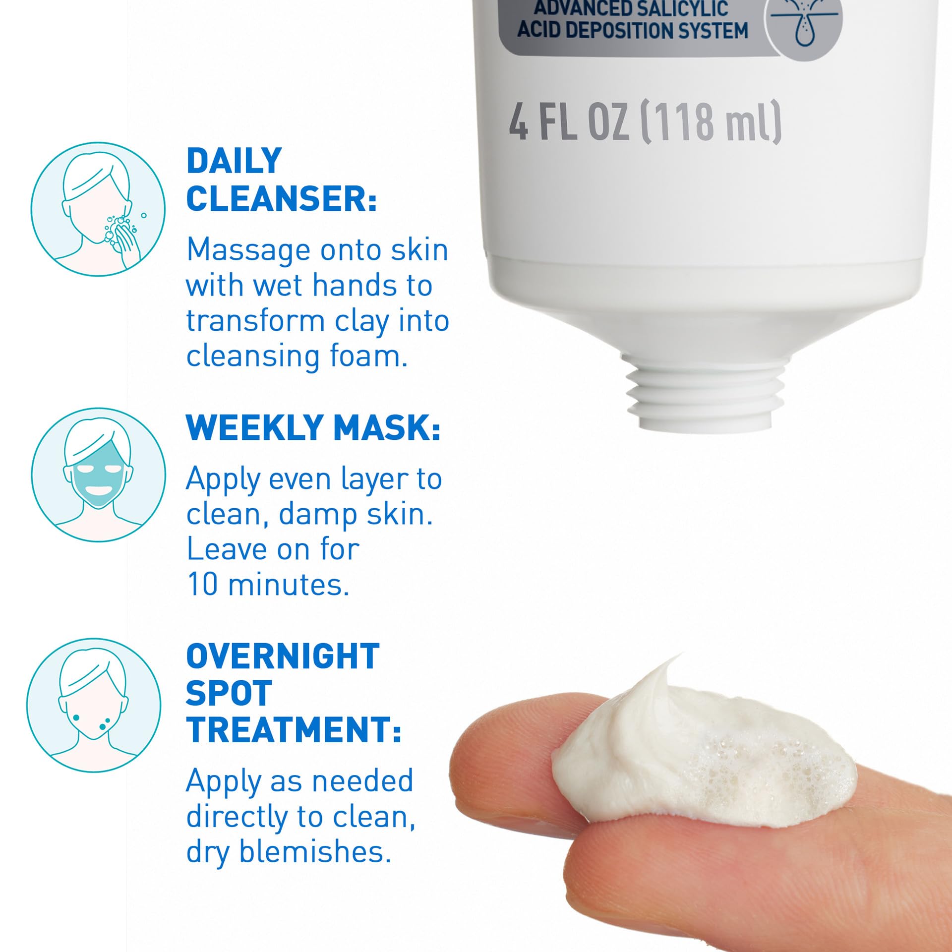 CeraVe Clay To Foam Acne Face Wash, Multi-Use Salicylic Acid & Kaolin Clay Acne Spot Treatment Clears Pimples & Blackheads, Prevents Breakouts, Hydrates & Soothes, Fragrance-Free, Non-Comedogenic, 4oz - Image 6