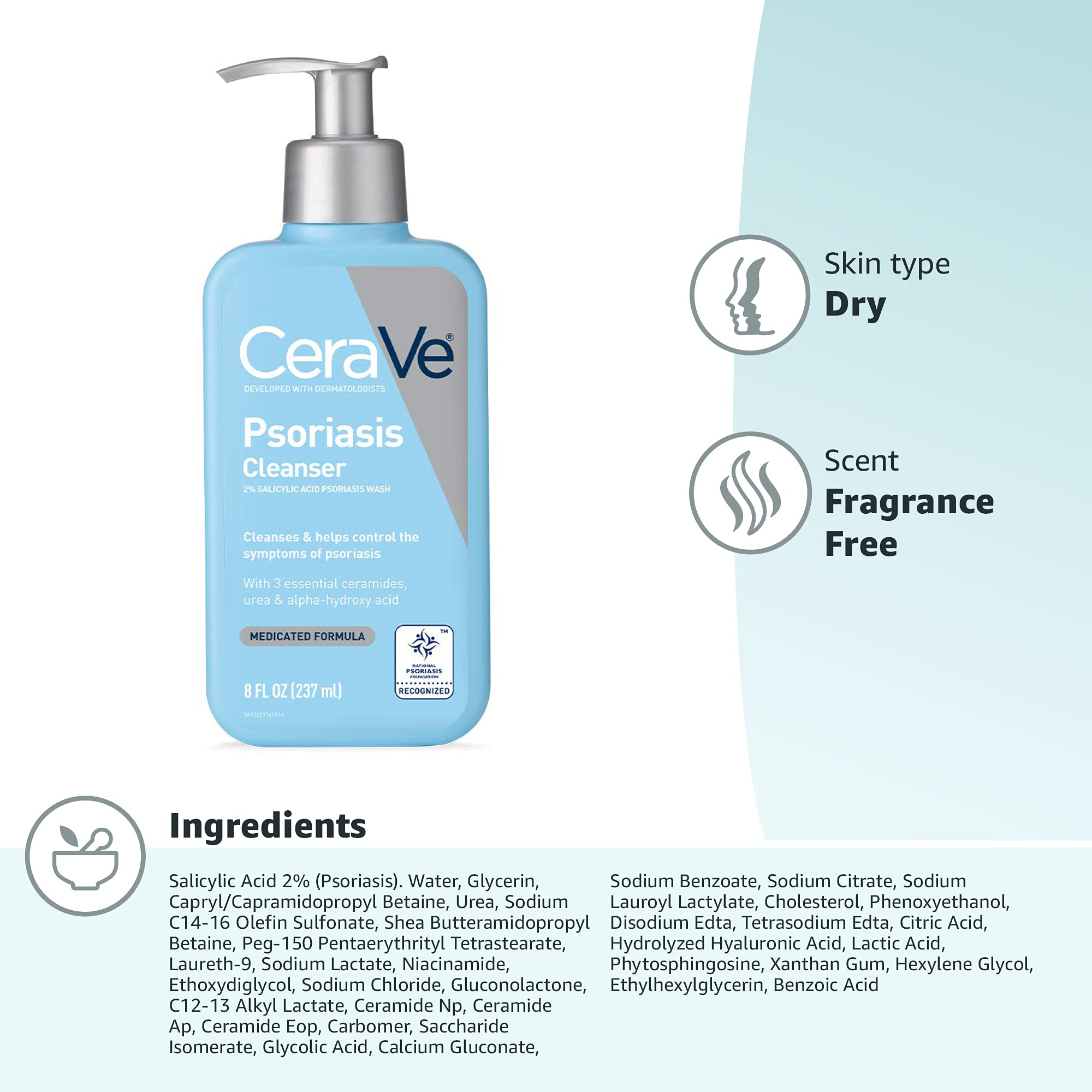 CeraVe Cleanser for Psoriasis Treatment, With Salicylic Acid for Dry Skin Itch Relief & Latic Acid for Exfoliation, Fragrance Free & Allergy Tested, 8 Ounce - Image 7