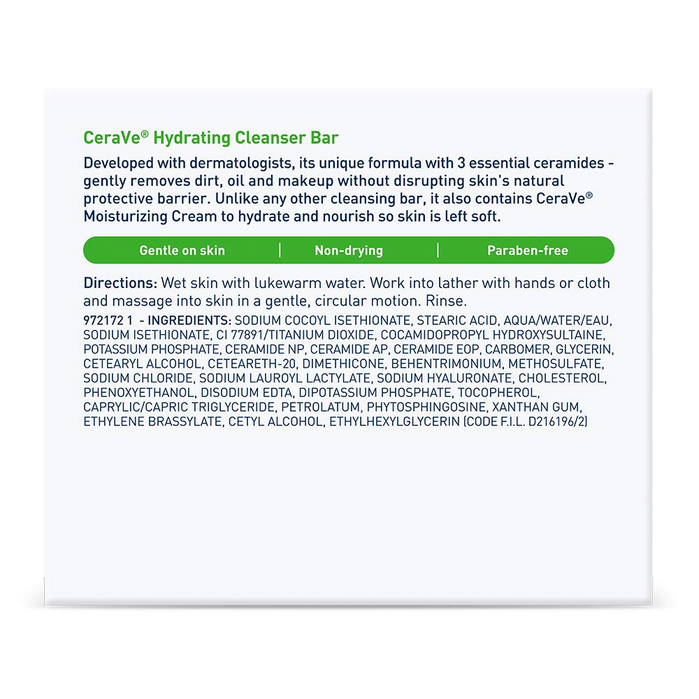 CeraVe Hydrating Cleanser Bar, Soap-Free Body and Facial Cleanser with 5% Moisturizing Cream, Fragrance-Free, 2-Pack, 4.5 Ounce Each - Image 6