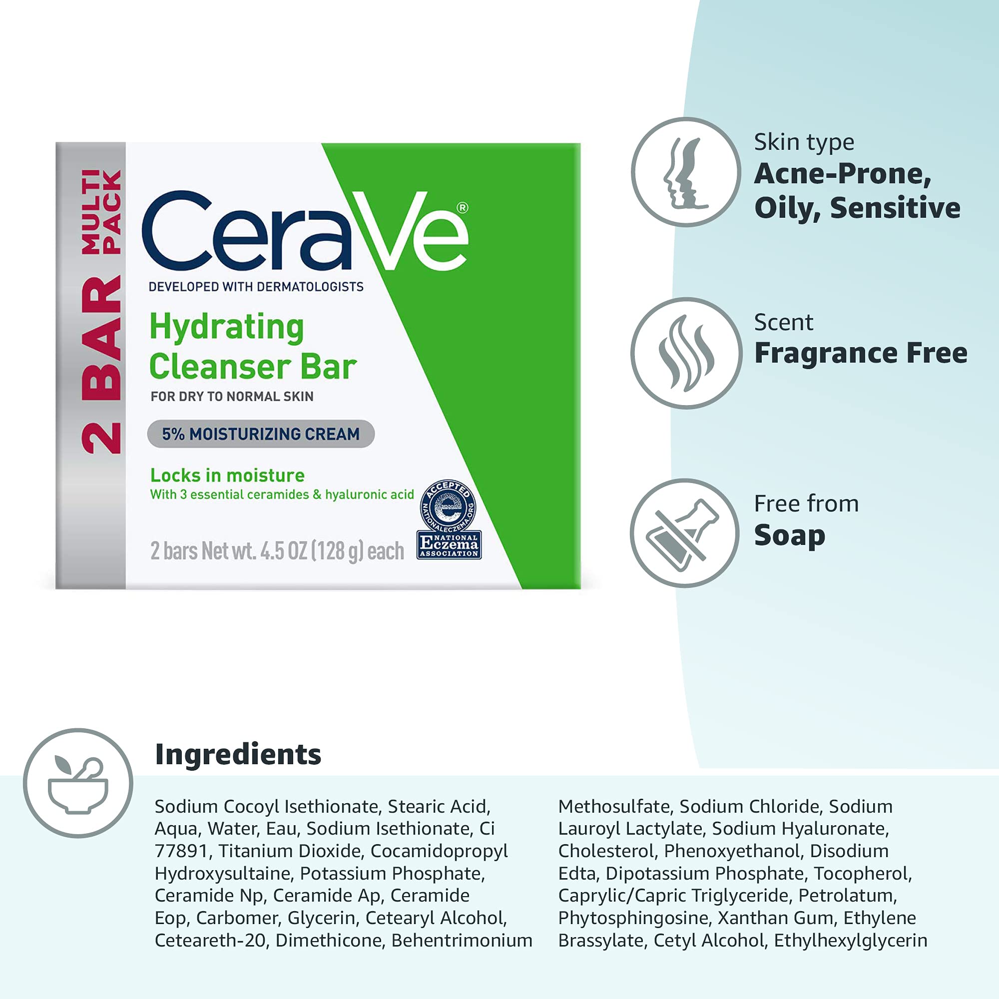CeraVe Hydrating Cleanser Bar, Soap-Free Body and Facial Cleanser with 5% Moisturizing Cream, Fragrance-Free, 2-Pack, 4.5 Ounce Each - Image 7
