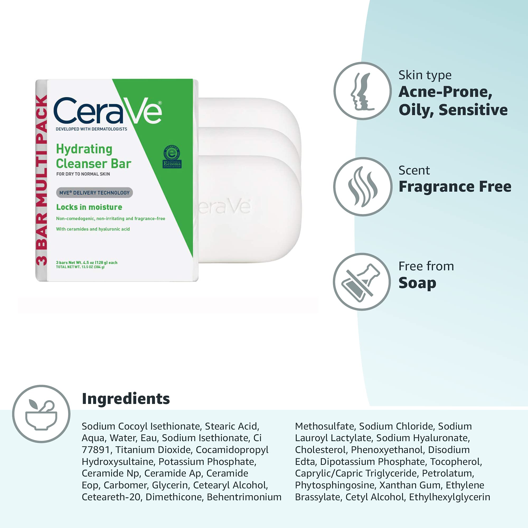 CeraVe Hydrating Cleanser Bar, Soap-Free Body and Facial Cleanser with 5% Moisturizing Cream, Fragrance-Free, 3-Pack, 4.5 Ounce Each - Image 8