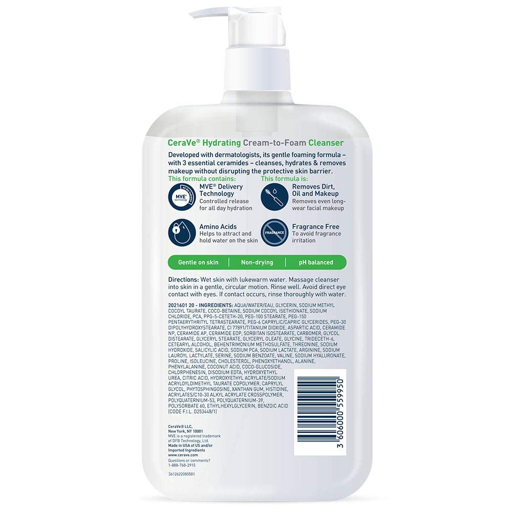 CeraVe Hydrating Cream To Foam Cleanser, Makeup Remover Face Wash For Dry Skin, Foaming Facial Cleanser With Hyaluronic Acid, Normal To Dry Skin, Fragrance Free & Non Comedogenic, 19 Fluid Ounce - Image 11