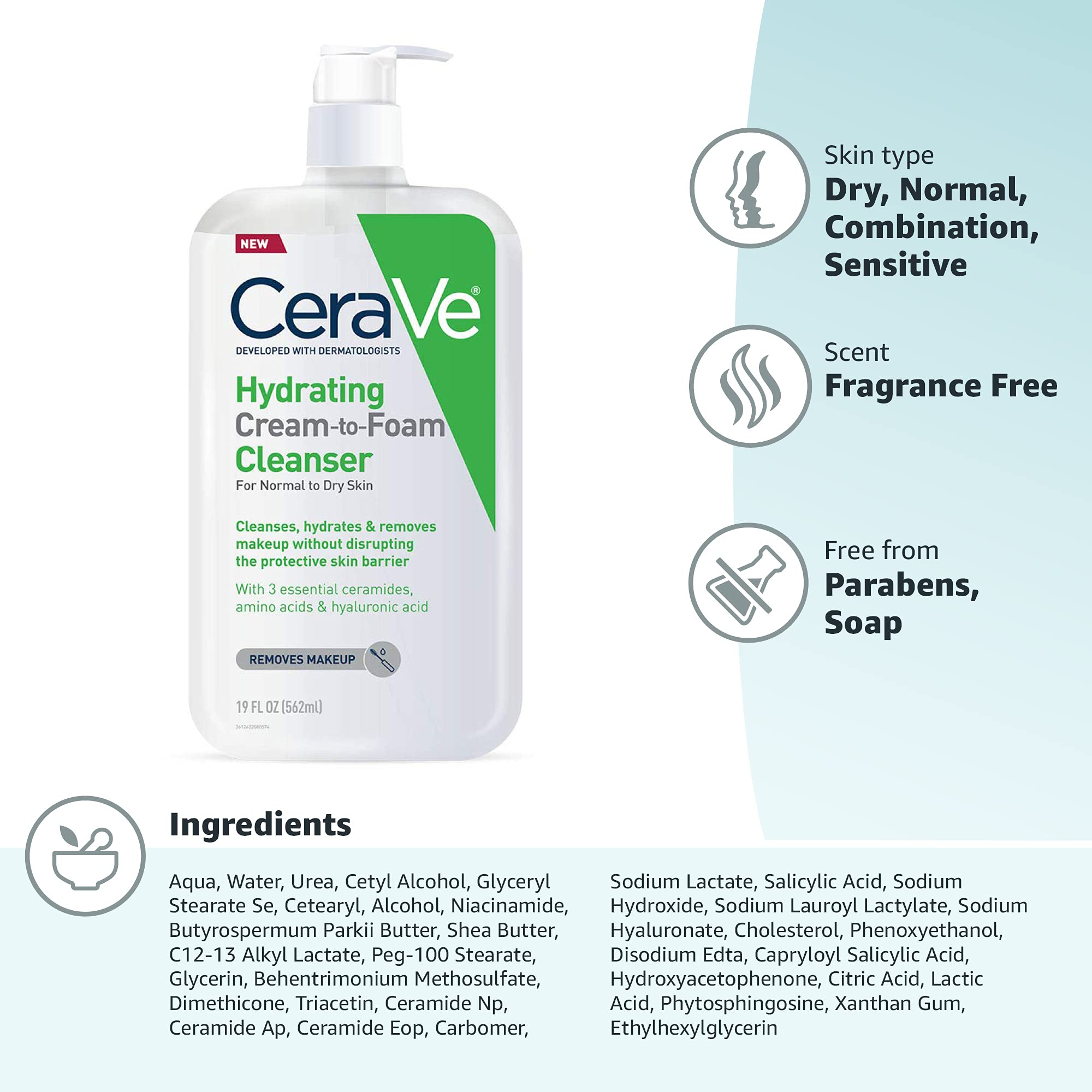 CeraVe Hydrating Cream To Foam Cleanser, Makeup Remover Face Wash For Dry Skin, Foaming Facial Cleanser With Hyaluronic Acid, Normal To Dry Skin, Fragrance Free & Non Comedogenic, 19 Fluid Ounce - Image 12