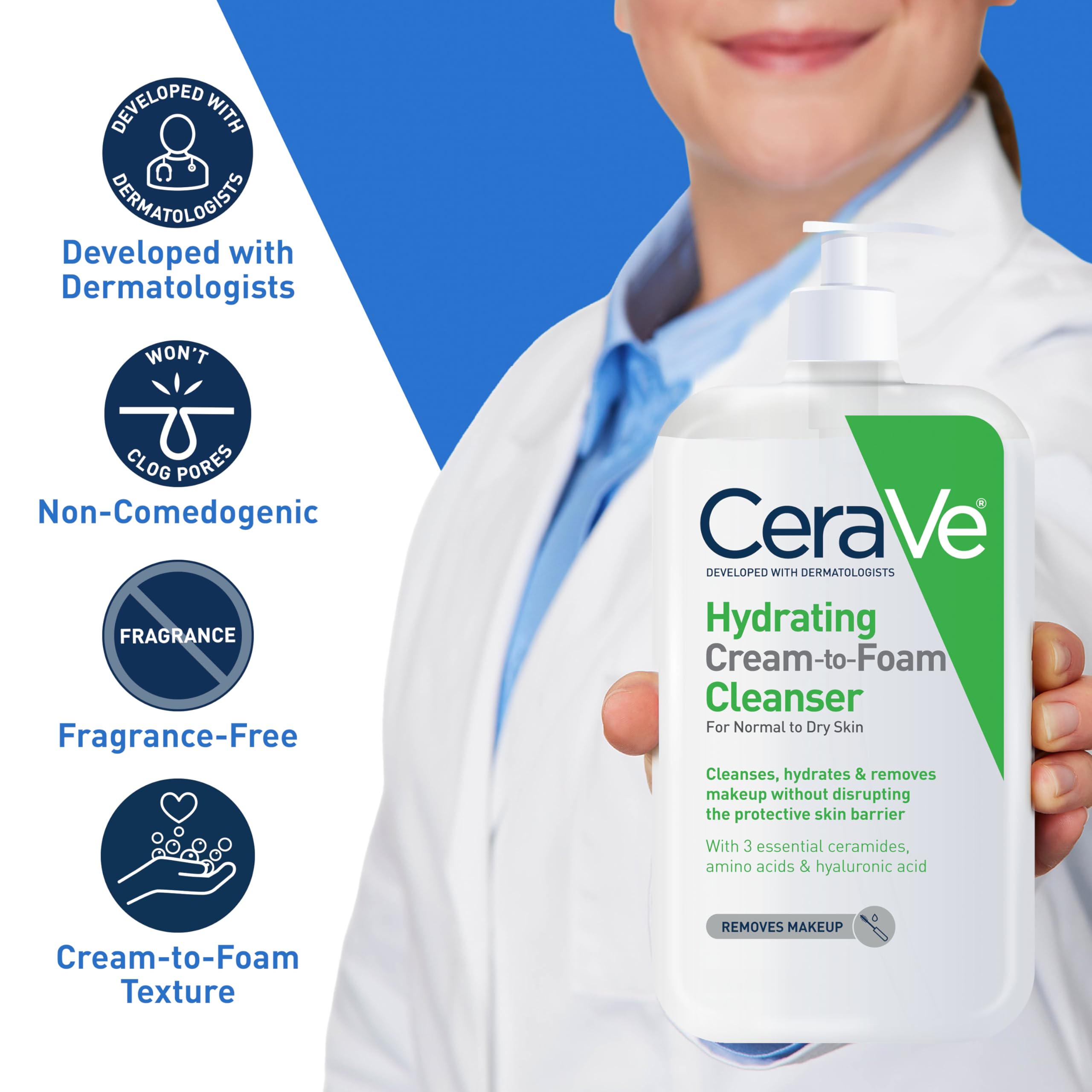 CeraVe Hydrating Cream To Foam Cleanser, Makeup Remover Face Wash For Dry Skin, Foaming Facial Cleanser With Hyaluronic Acid, Normal To Dry Skin, Fragrance Free & Non Comedogenic, 19 Fluid Ounce - Image 4