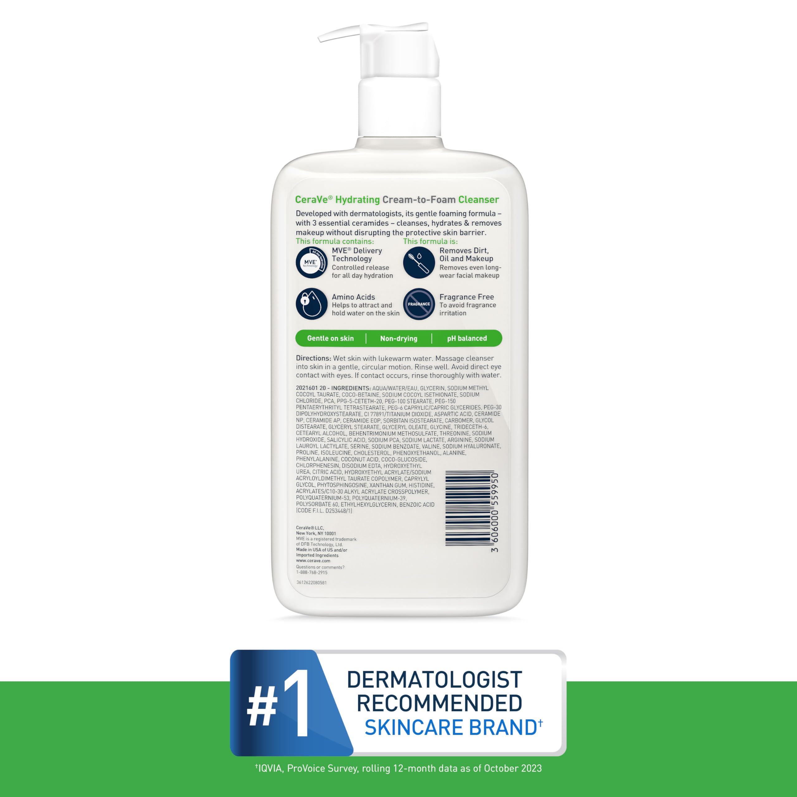 CeraVe Hydrating Cream To Foam Cleanser, Makeup Remover Face Wash For Dry Skin, Foaming Facial Cleanser With Hyaluronic Acid, Normal To Dry Skin, Fragrance Free & Non Comedogenic, 19 Fluid Ounce - Image 8