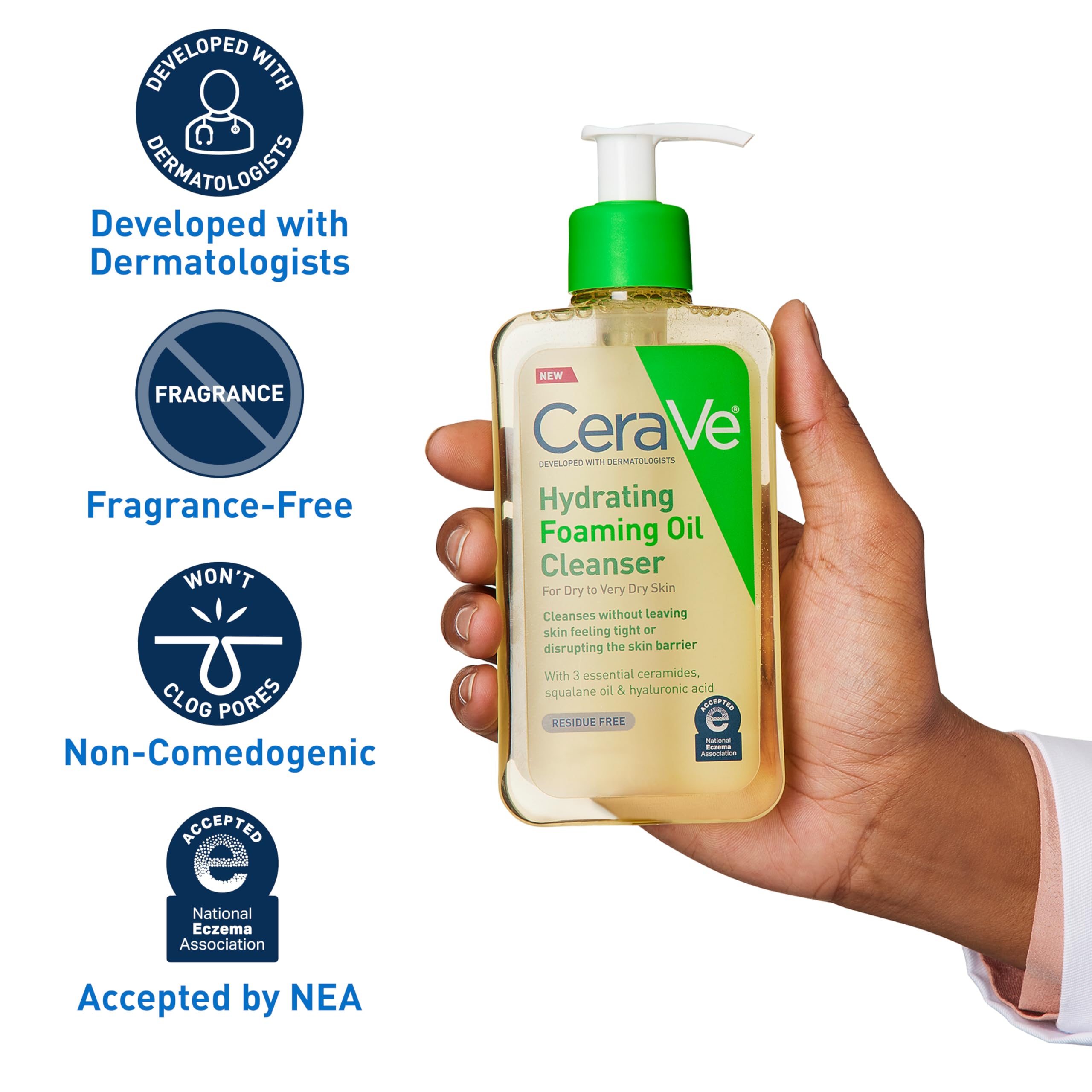 CeraVe Hydrating Foaming Oil Cleanser, Moisturizing Oil Cleanser for Face & Body, Squalane Oil + Hyaluronic Acid + Ceramides, For Dry to Very Dry Skin, Fragrance Free & Residue Free, 19 FL Oz - Image 6