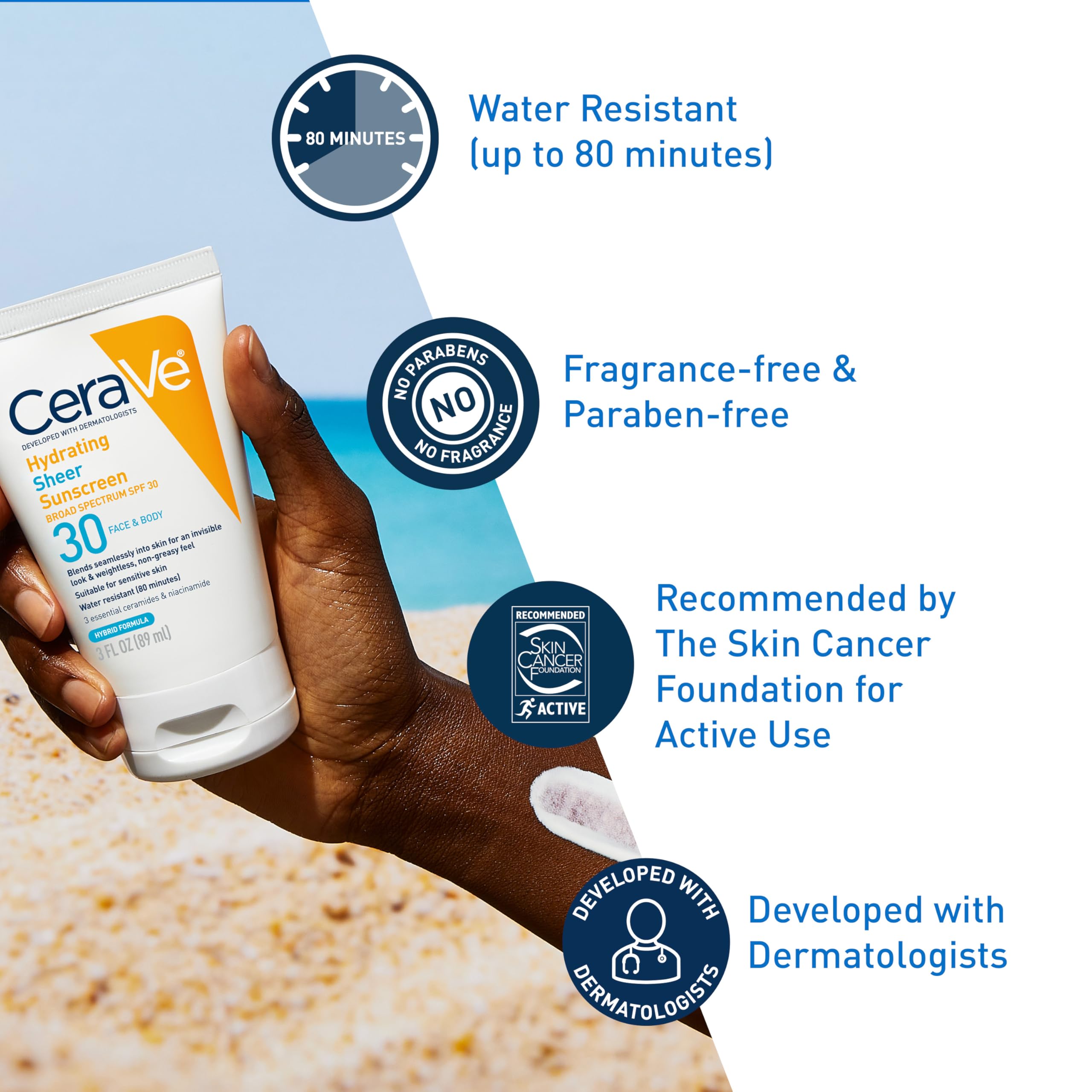 CeraVe Hydrating Sheer Sunscreen with SPF 30 for Face and Body, Mineral & Chemical Sunscreen for Men & Women with Zinc Oxide, Hyaluronic Acid and Ceramides, Paraben-Free + Fragrance-Free, 5 Ounces - Image 3