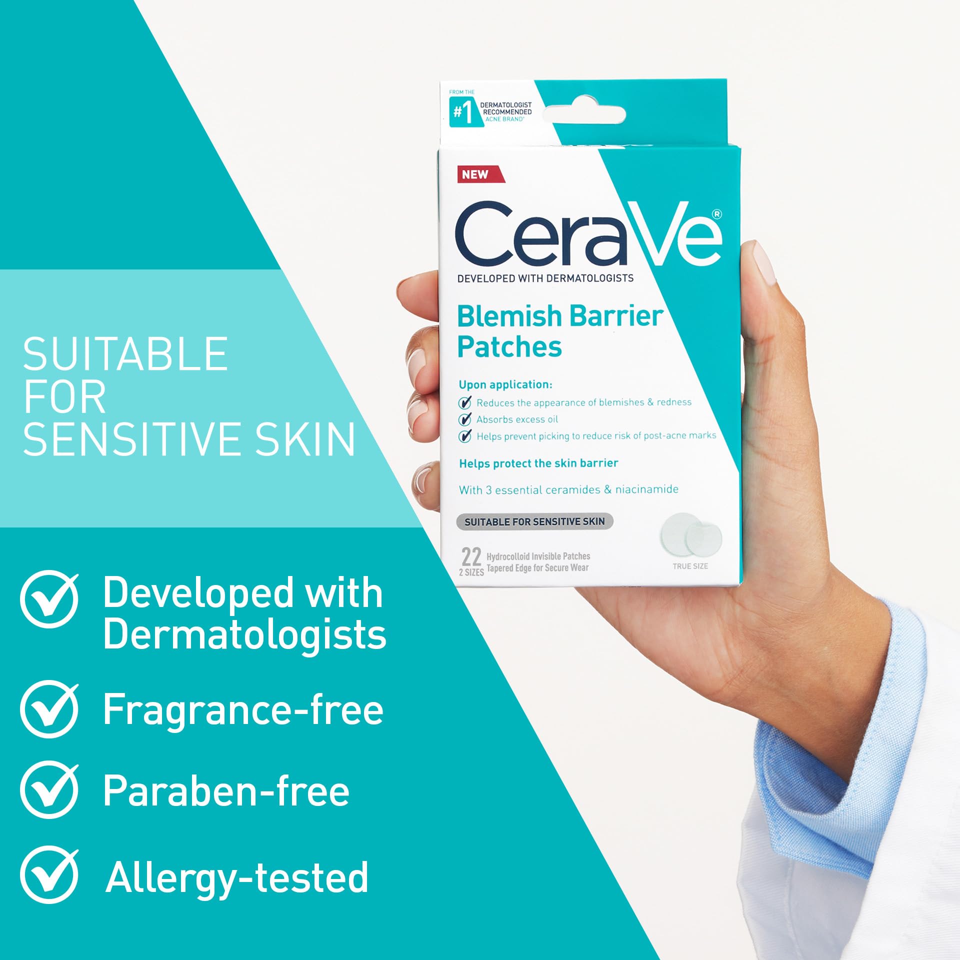 CeraVe Hydrocolloid Blemish Patches, Oil Absorbing Spot Control with Ceramides and Niacinamide, Allergy-Tested & Suitable For Sensitive Skin, Ultra-Thin & Blends Into All Skin Tones, 22ct - Image 7