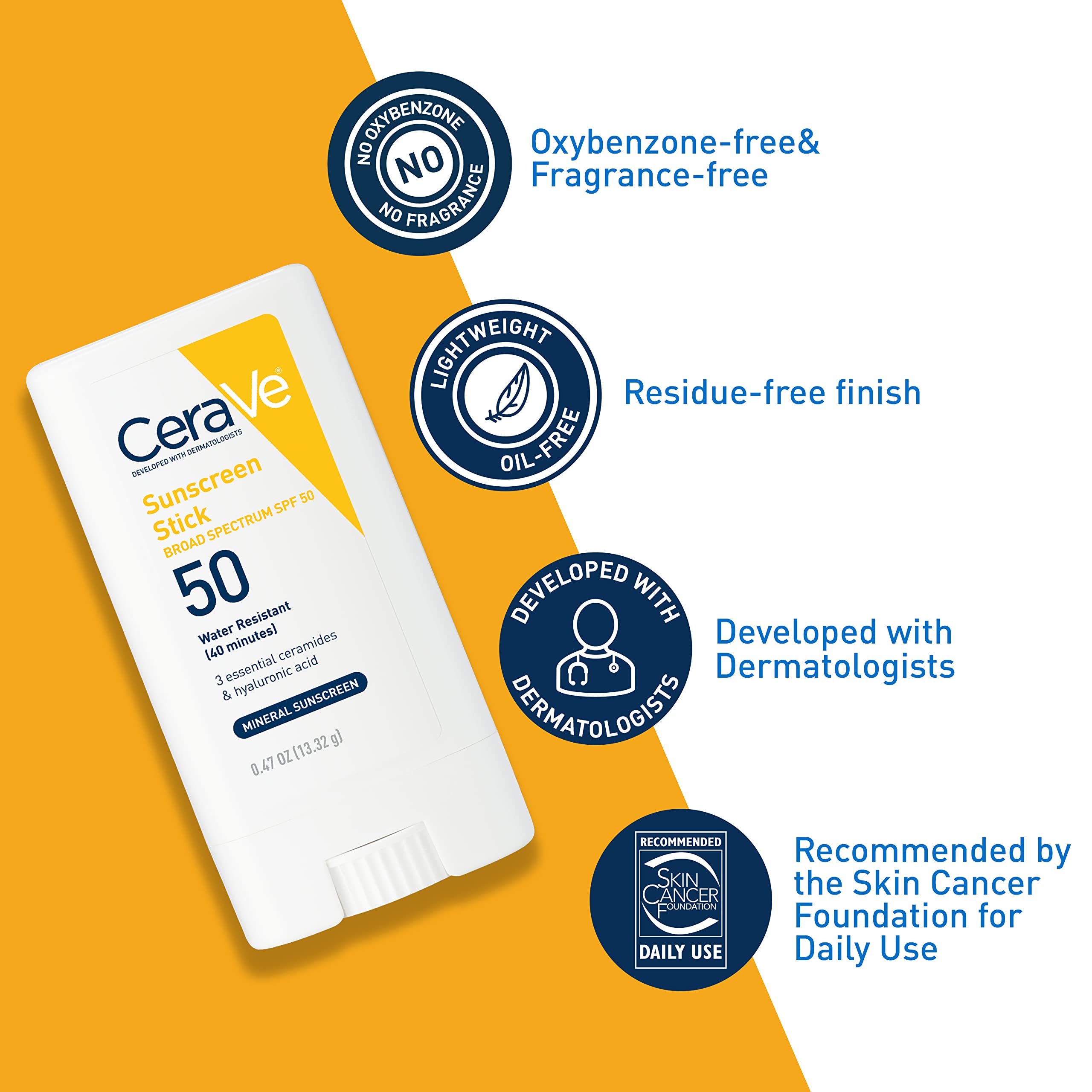 CeraVe Mineral Sunscreen Stick SPF 50, Broad Spectrum SPF + Hyaluronic Acid + Ceramides, Titanium Dioxide & Zinc Oxide, 100% Mineral Face Sunscreen Stick, Fragrance Free & Oil Free - Image 3