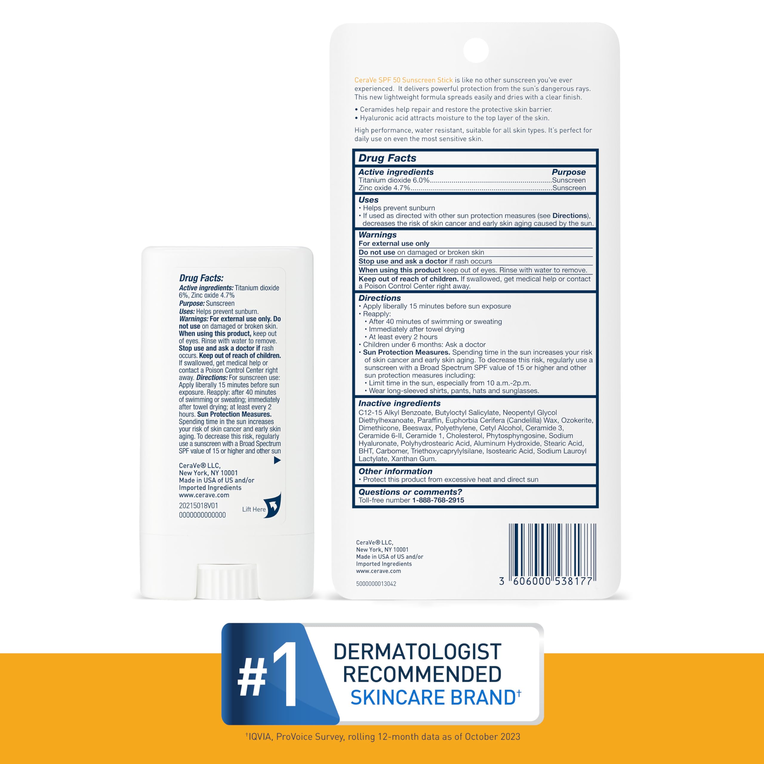 CeraVe Mineral Sunscreen Stick SPF 50, Broad Spectrum SPF + Hyaluronic Acid + Ceramides, Titanium Dioxide & Zinc Oxide, 100% Mineral Face Sunscreen Stick, Fragrance Free & Oil Free - Image 6