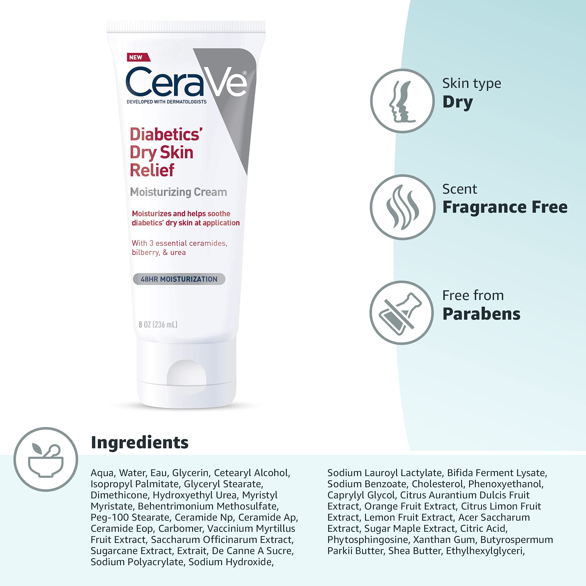 CeraVe Moisturizing Cream for Diabetics’ Dry Skin, Urea Cream with Bilberry for Face and Body, Fragrance Free & Paraben Free, 8 Ounce - Image 6