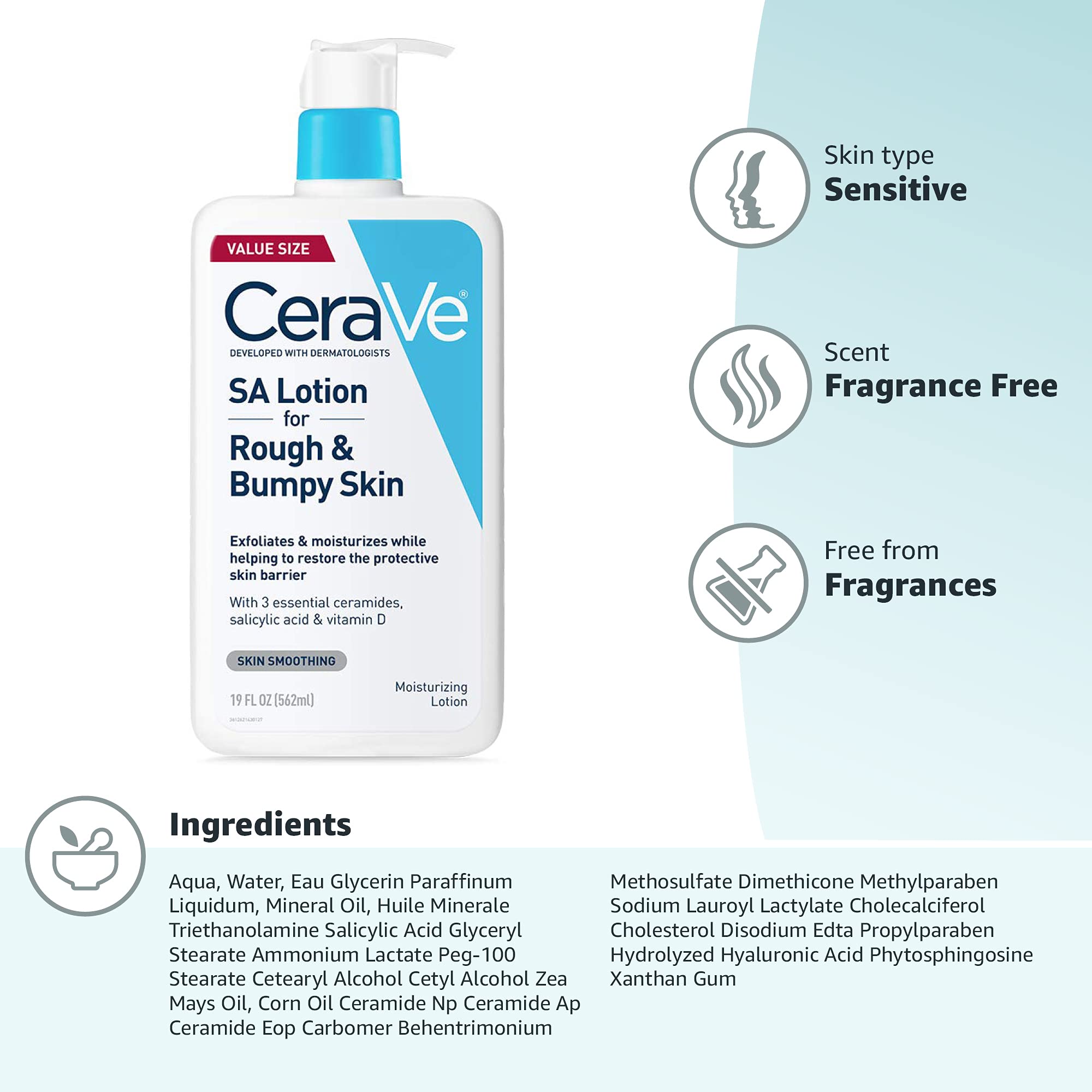 CeraVe SA Lotion for Rough & Bumpy Skin, Vitamin D, Hyaluronic Acid, Lactic Acid, Niacinamide & Salicylic Acid, Gentle Exfoliating Rough And Bumpy Skin Lotion, 19 Ounce - Image 7